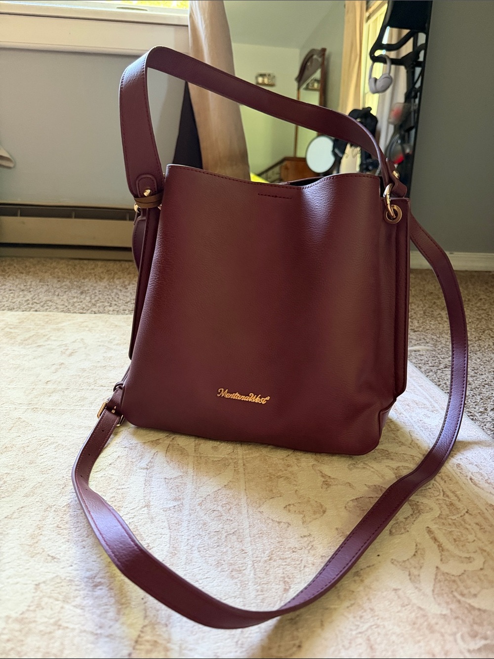 Montana West Burgundy Bucket Shoulder Bag with Gold Hardware